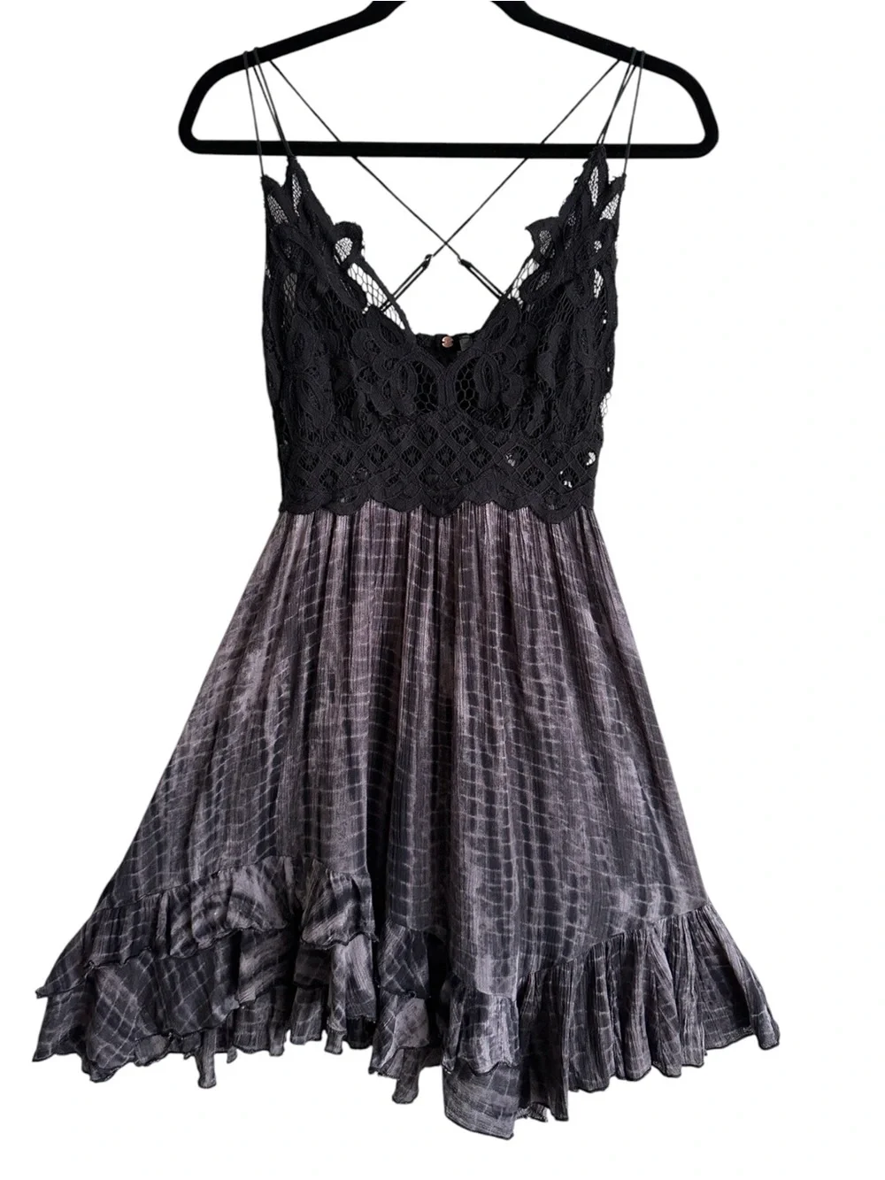 Free People FP One Adella Lace Mini Slip Dress Black Charcoal Sz M Boho Festival